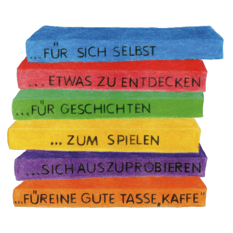 Stapel mit Büchern in unterschiedlichen Farben mit Text auf Buchrücken