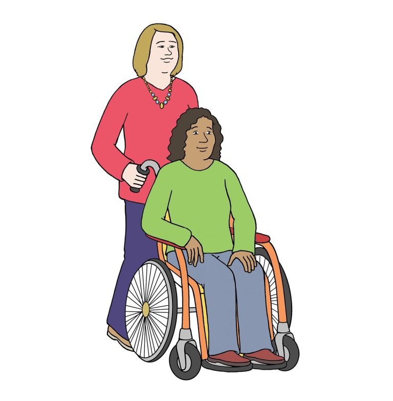 Frau schiebt Rollstuhl