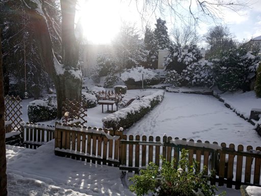 schneebedeckter Garten im Winter